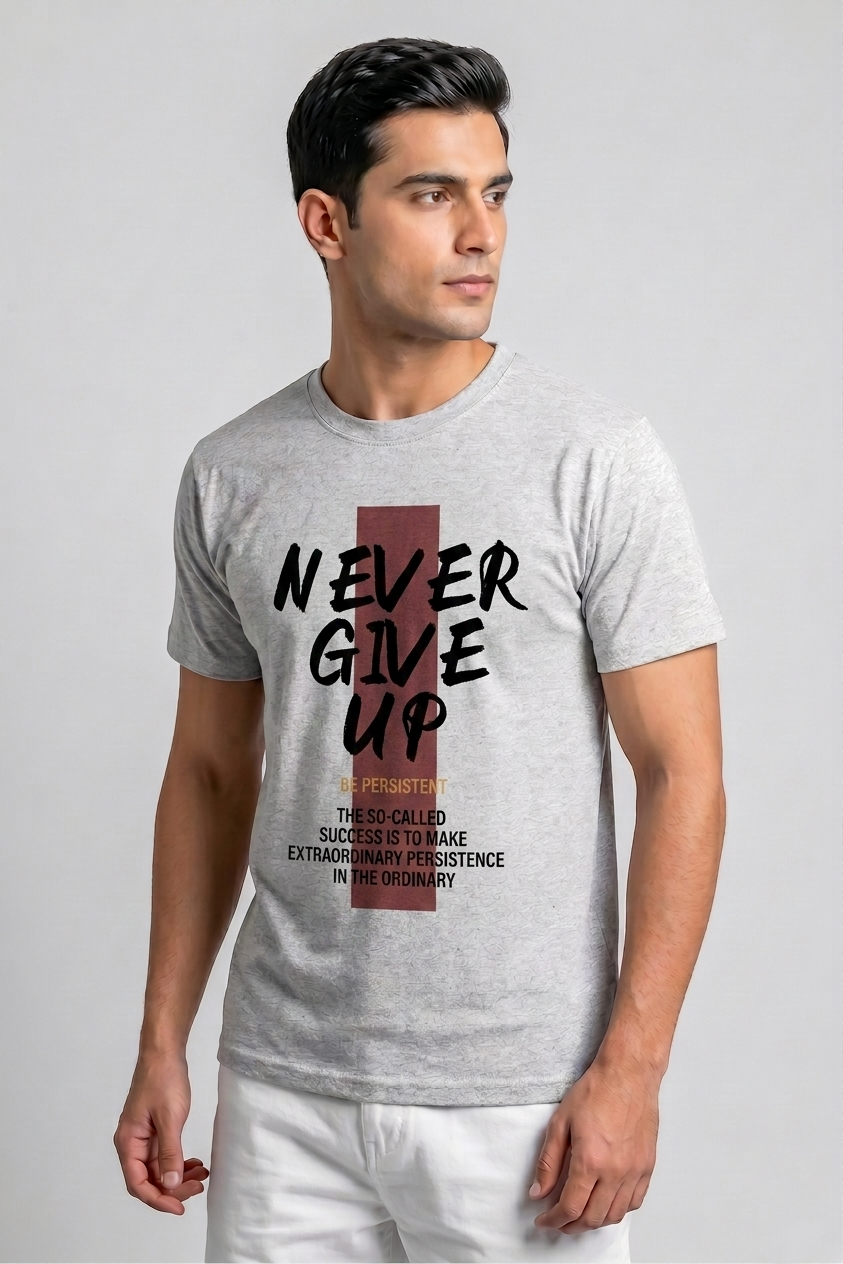 Attire Hub Mens Pure Cotton Grey Neva Give Up Printed Round T-Shirt