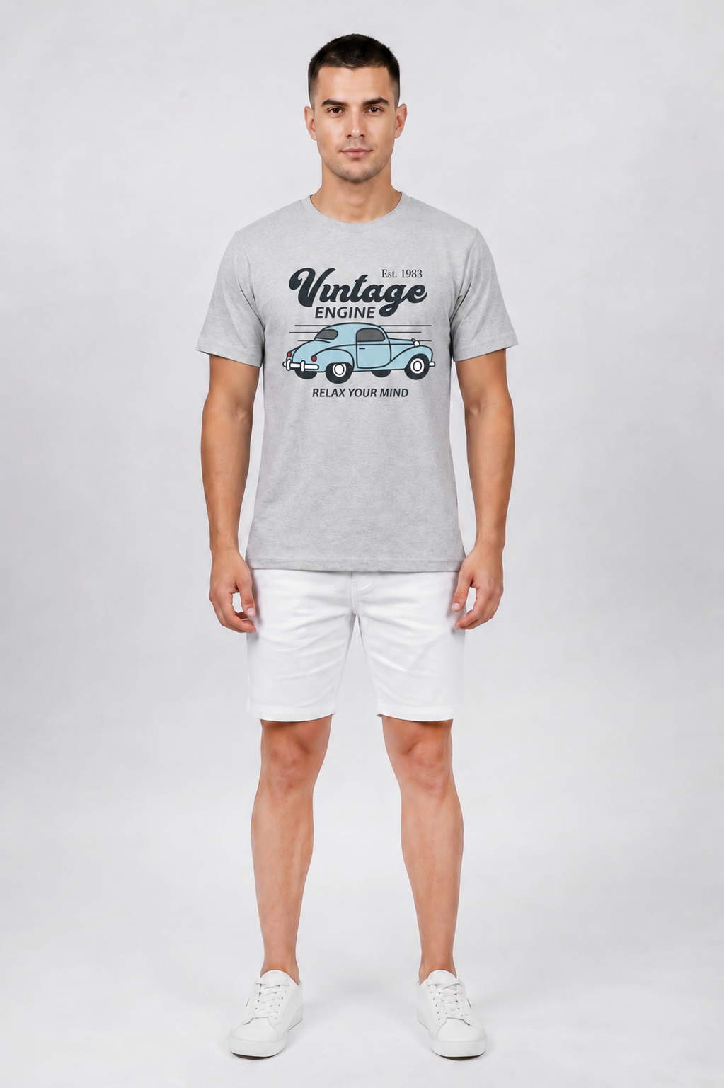 Attire Hub Mens Pure Cotton Grey Vintage Engine Printed Round T-Shirt