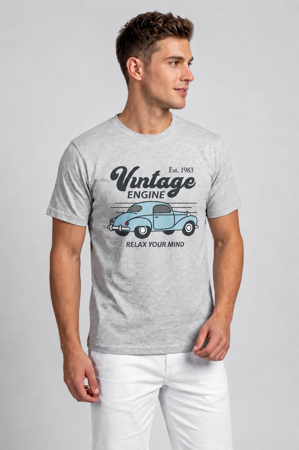 Attire Hub Mens Pure Cotton Grey Vintage Engine Printed Round T-Shirt
