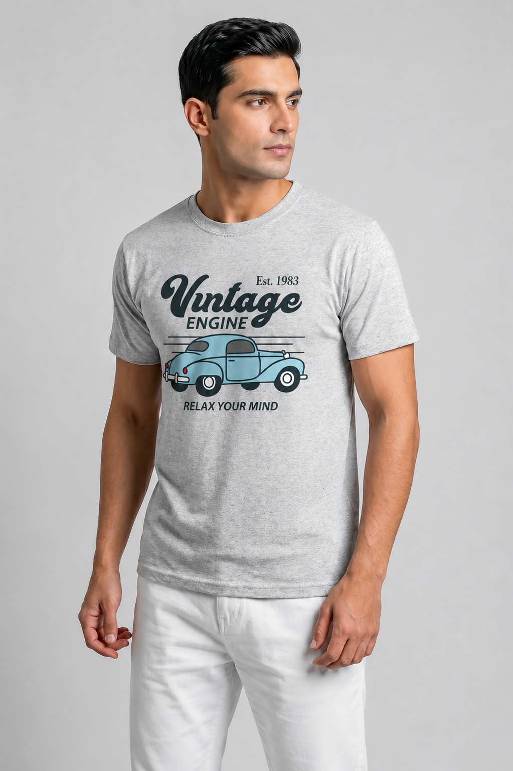 Attire Hub Mens Pure Cotton Grey Vintage Engine Printed Round T-Shirt