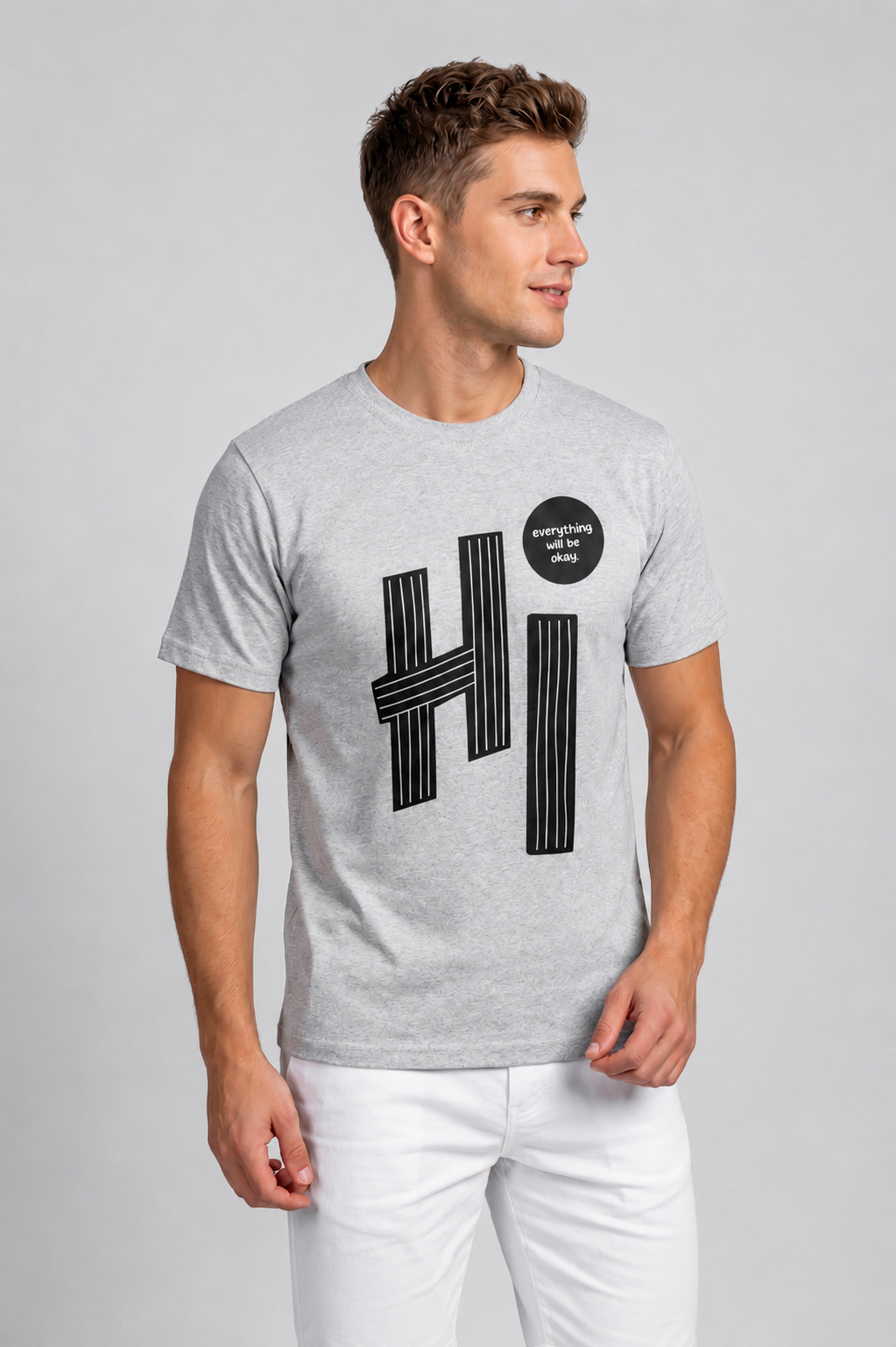 Attire Hub Mens Pure Cotton Grey Hi Printed Round T-Shirt