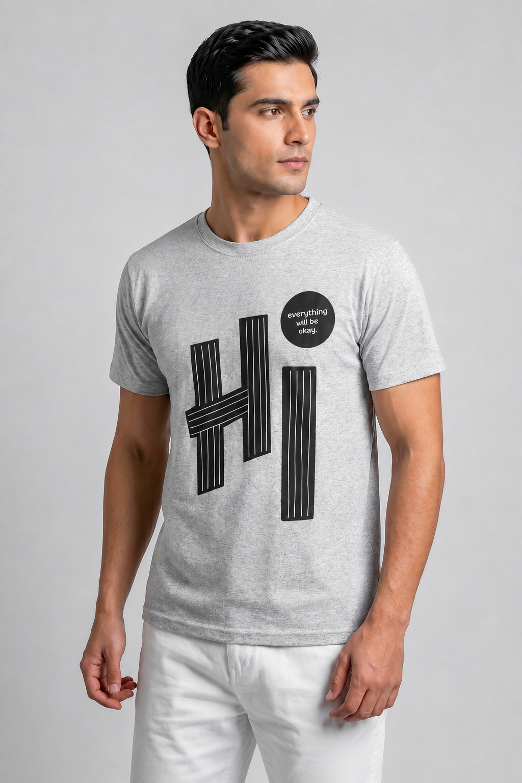 Attire Hub Mens Pure Cotton Grey Hi Printed Round T-Shirt