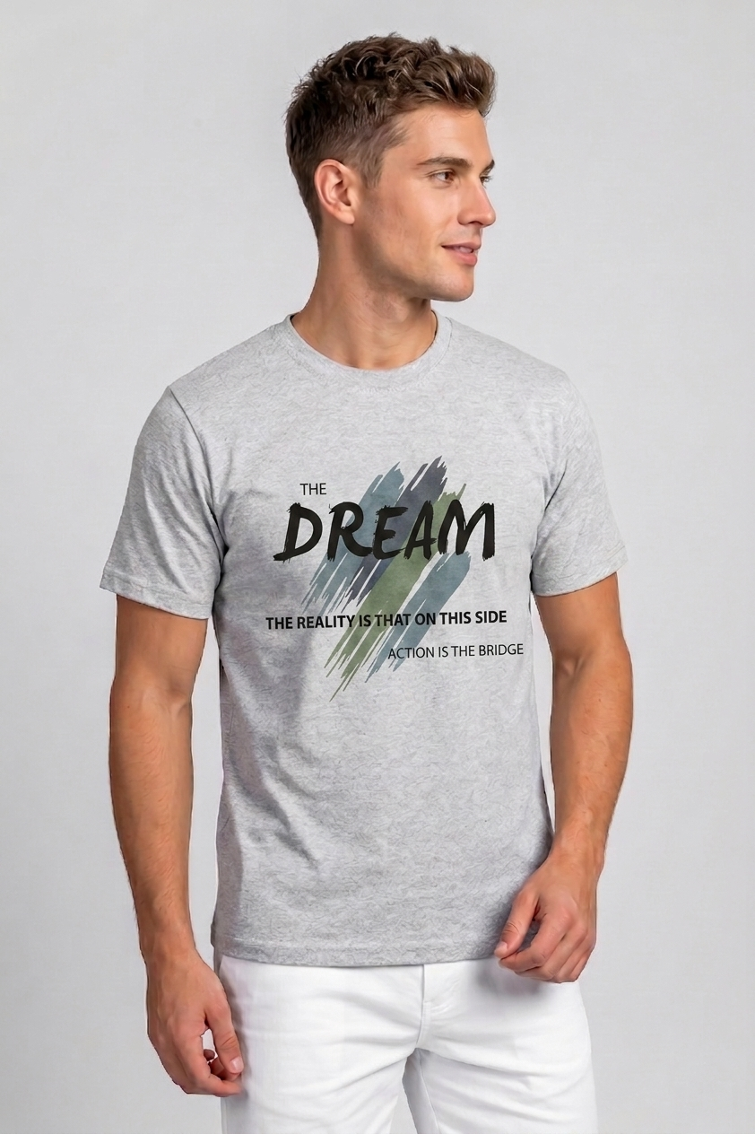 Attire Hub Mens Pure Cotton Grey The Dream Printed Round T-Shirt