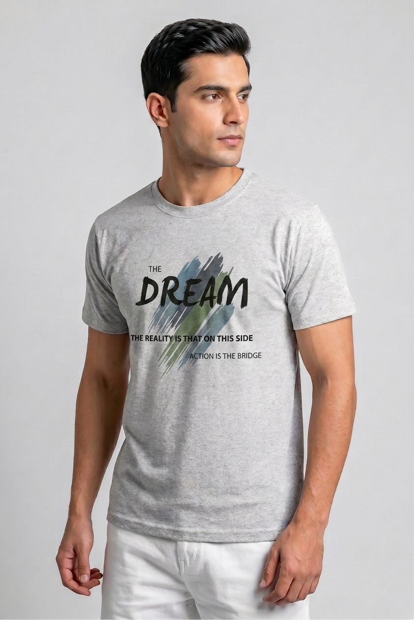 Attire Hub Mens Pure Cotton Grey The Dream Printed Round T-Shirt