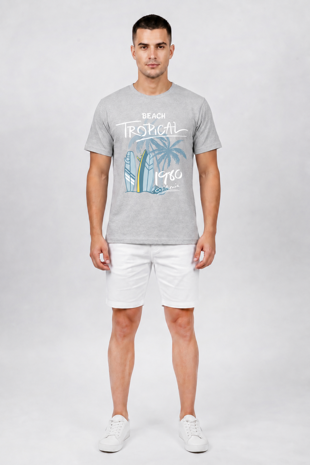 Attire Hub Mens Pure Cotton Grey Beach Tropical Printed Round T-Shirt
