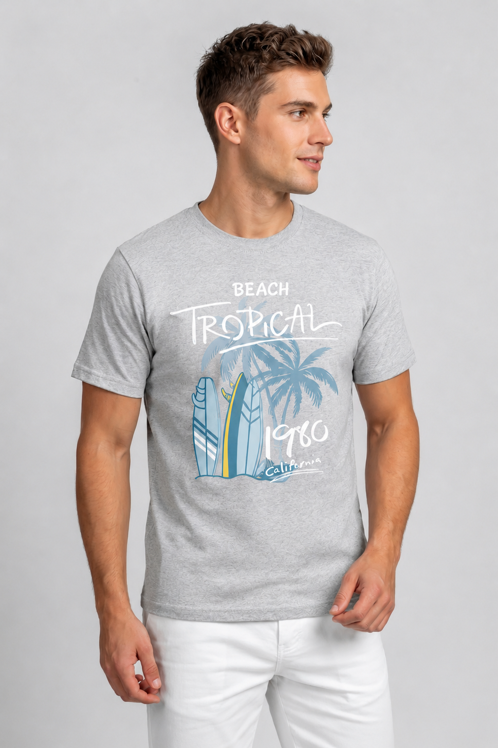 Attire Hub Mens Pure Cotton Grey Beach Tropical Printed Round T-Shirt