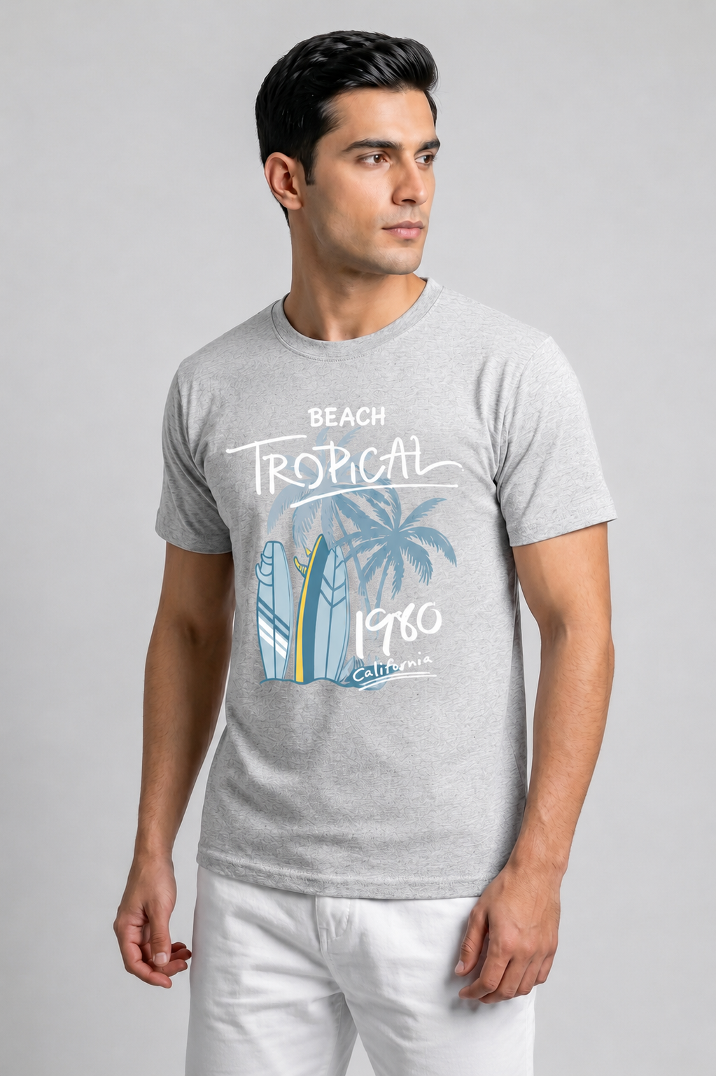 Attire Hub Mens Pure Cotton Grey Beach Tropical Printed Round T-Shirt