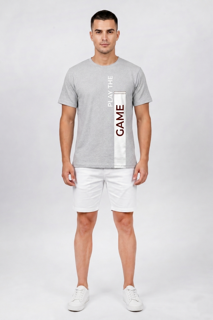 Attire Hub Mens Pure Cotton Grey Play The Game Printed Round T-Shirt