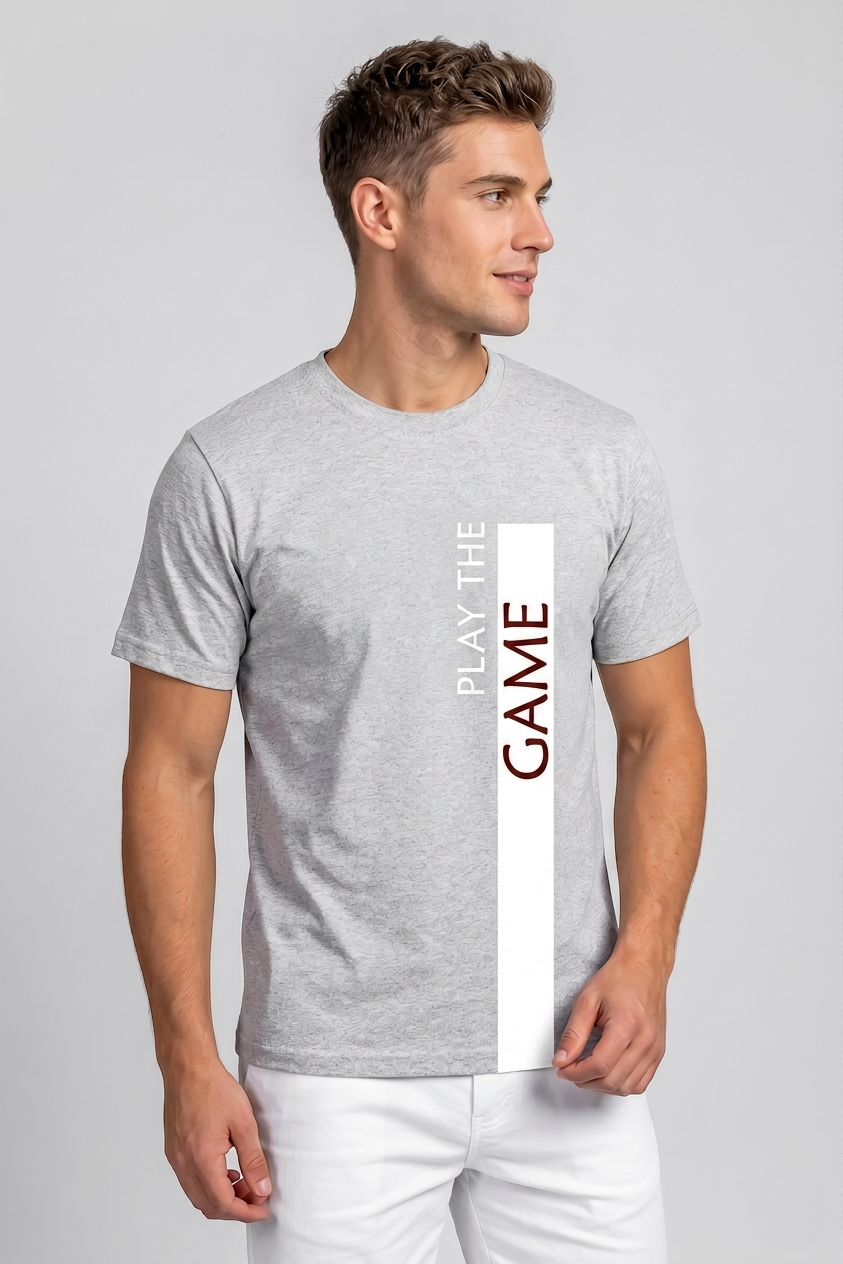 Attire Hub Mens Pure Cotton Grey Play The Game Printed Round T-Shirt