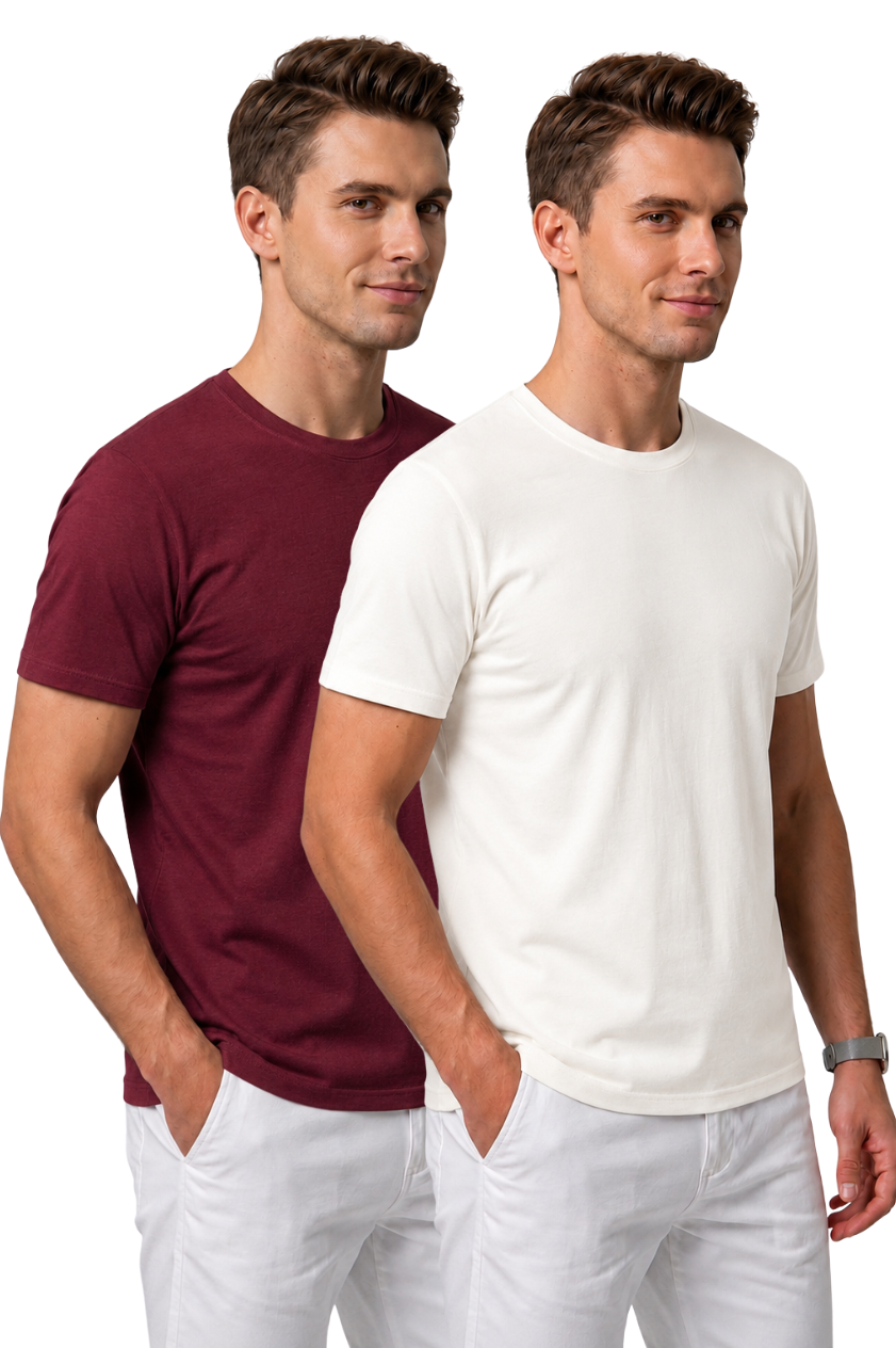 Attire Hub Mens Pure Cotton Multi Pack Solid Round T-Shirt (Pack of 2)