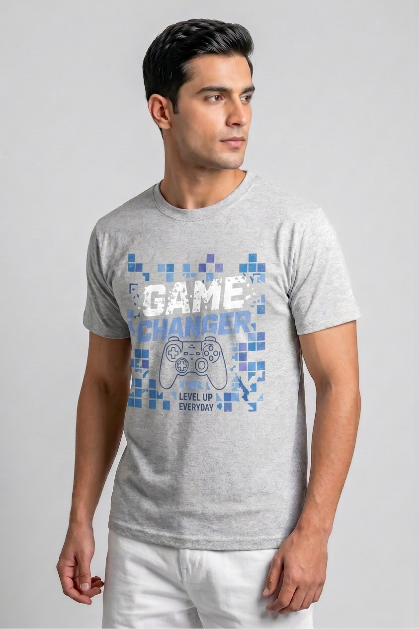 Attire Hub Mens Pure Cotton Grey Game Changer Printed Round T-Shirt