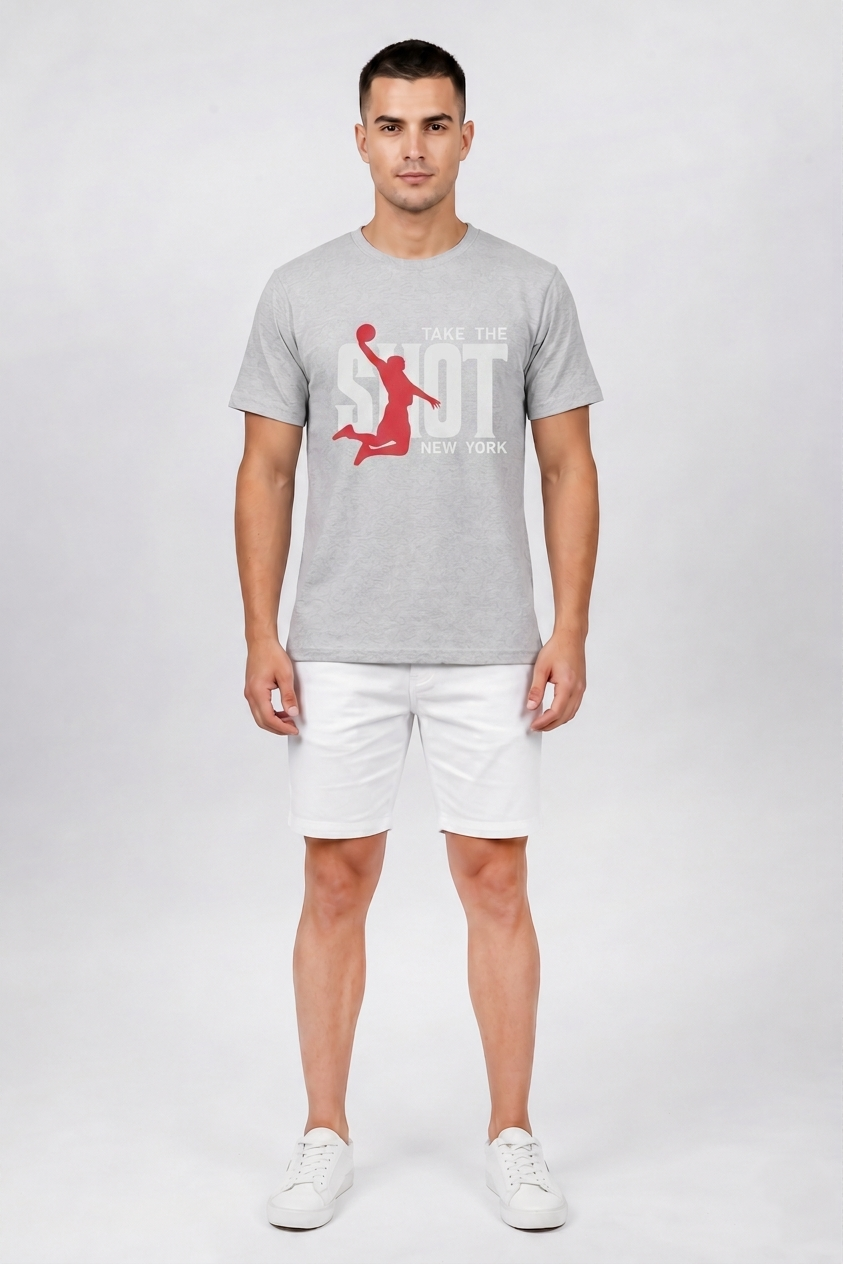 Attire Hub Mens Pure Cotton Grey Take The Shot Printed Round T-Shirt