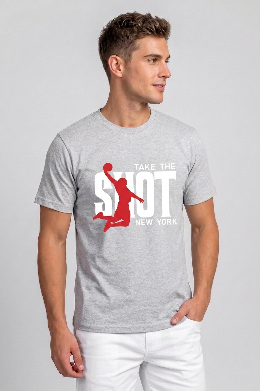 Attire Hub Mens Pure Cotton Grey Take The Shot Printed Round T-Shirt