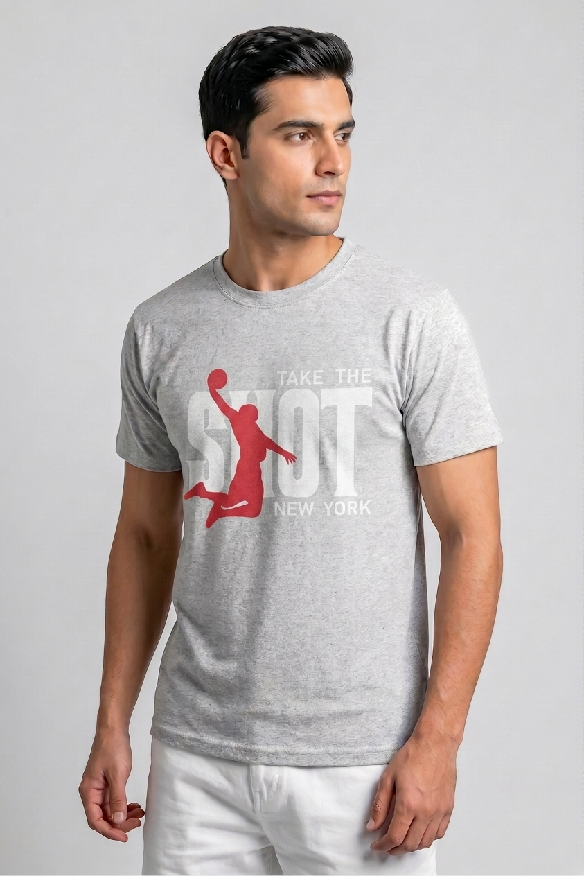 Attire Hub Mens Pure Cotton Grey Take The Shot Printed Round T-Shirt