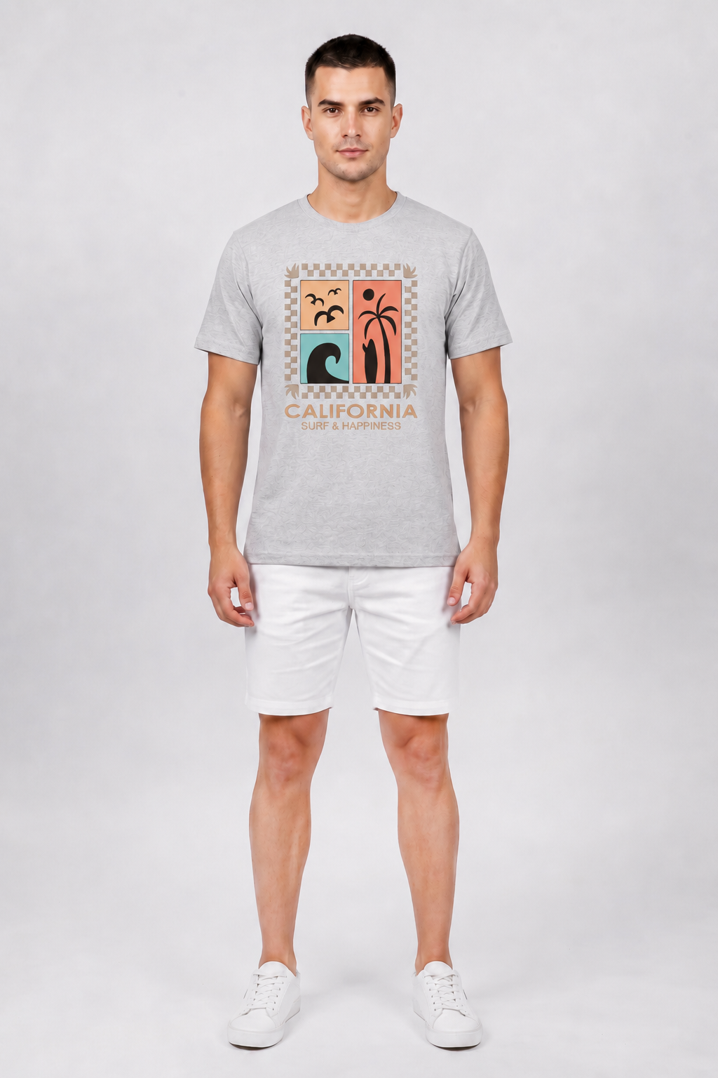 Attire Hub Mens Pure Cotton Grey Long California Printed Round T-Shirt