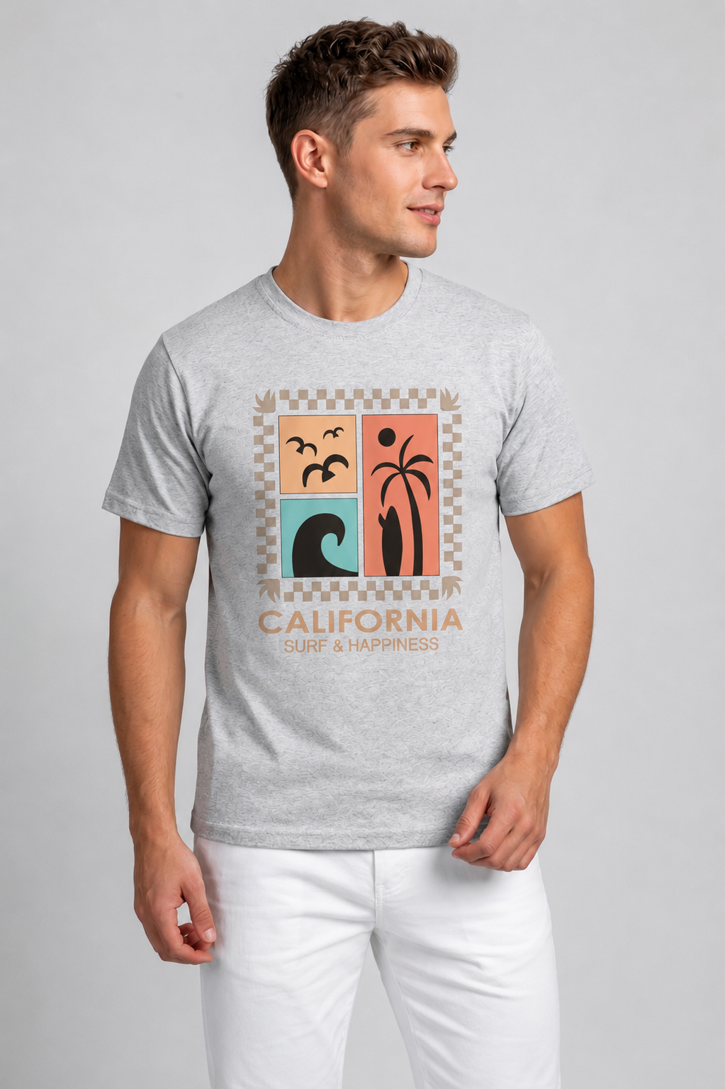 Attire Hub Mens Pure Cotton Grey Long California Printed Round T-Shirt