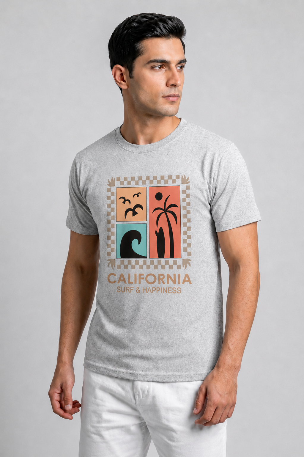 Attire Hub Mens Pure Cotton Grey Long California Printed Round T-Shirt