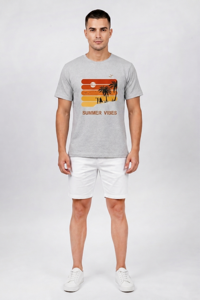 Attire Hub Mens Pure Cotton Grey Sunset Summer Vibes Printed Round T-Shirt
