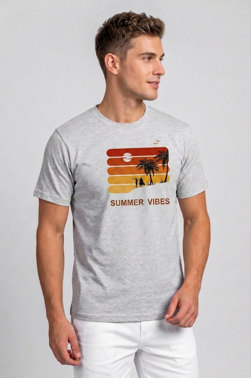 Attire Hub Mens Pure Cotton Grey Sunset Summer Vibes Printed Round T-Shirt