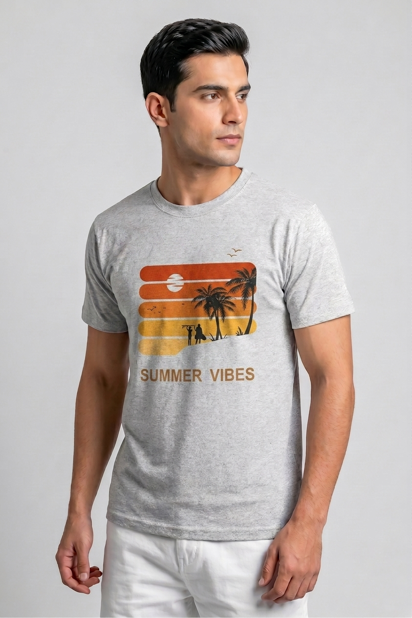 Attire Hub Mens Pure Cotton Grey Sunset Summer Vibes Printed Round T-Shirt