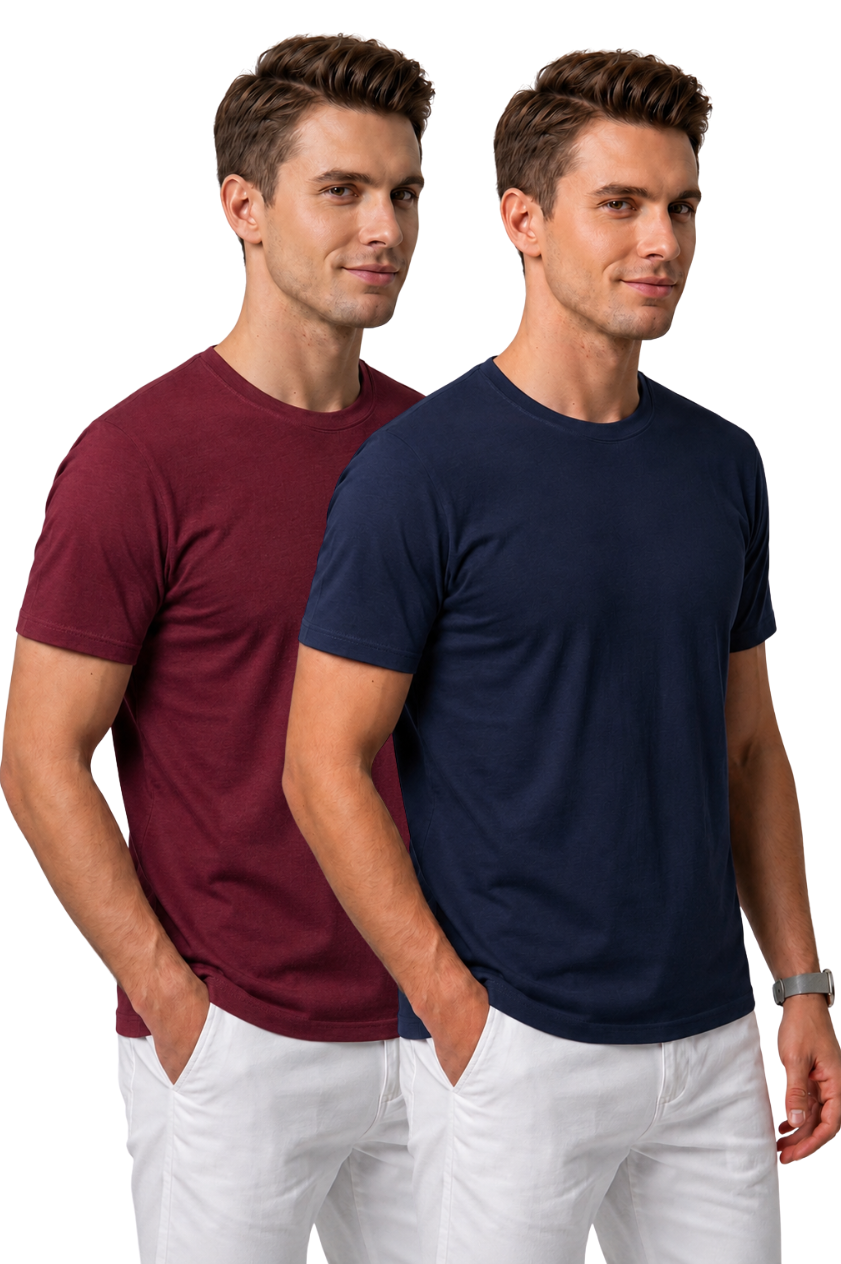 Attire Hub Mens Pure Cotton Multi Pack Solid Round T-Shirt (Pack of 2)