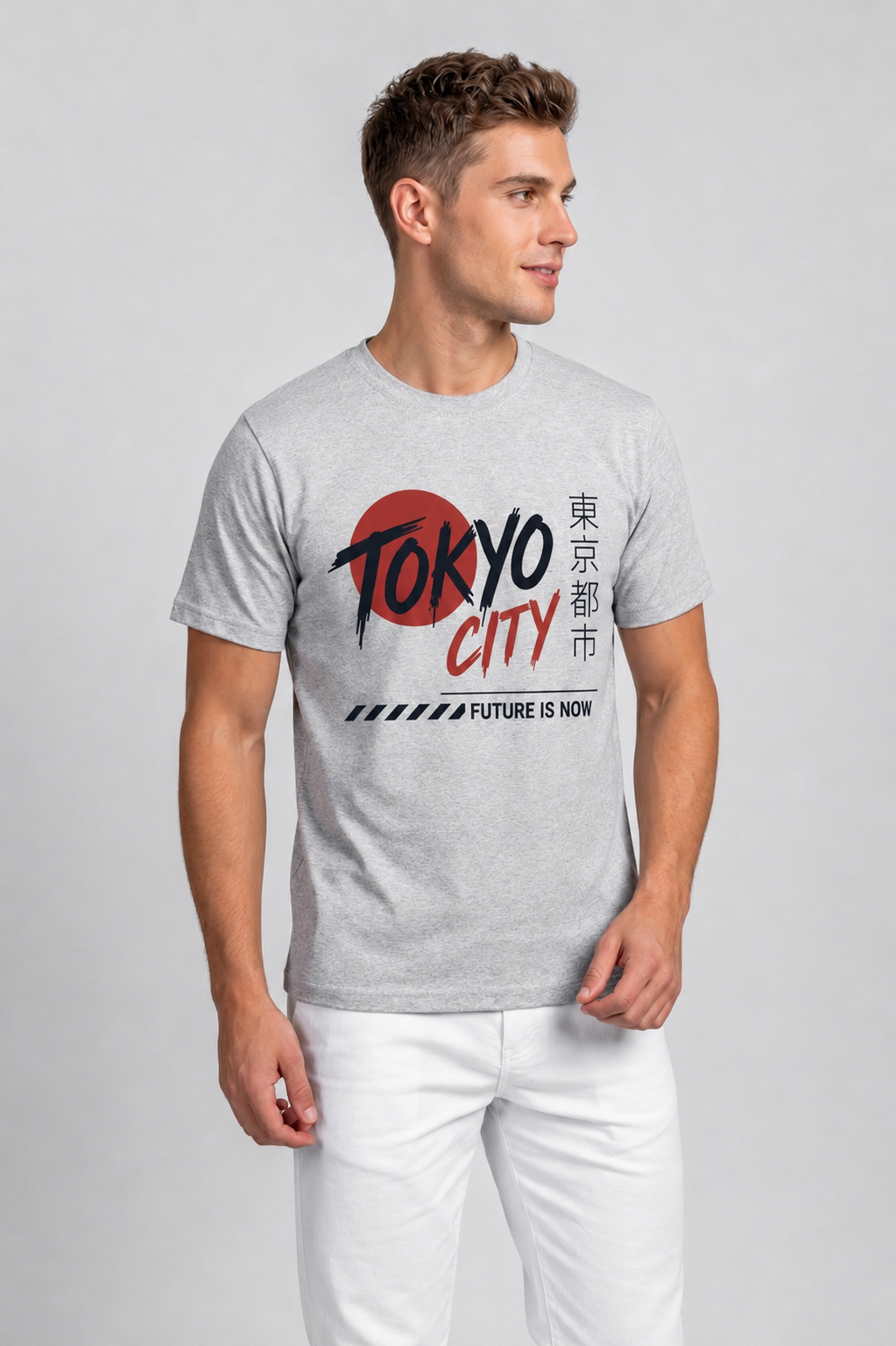 Attire Hub Mens Pure Cotton Grey Tokyo City Printed Round T-Shirt