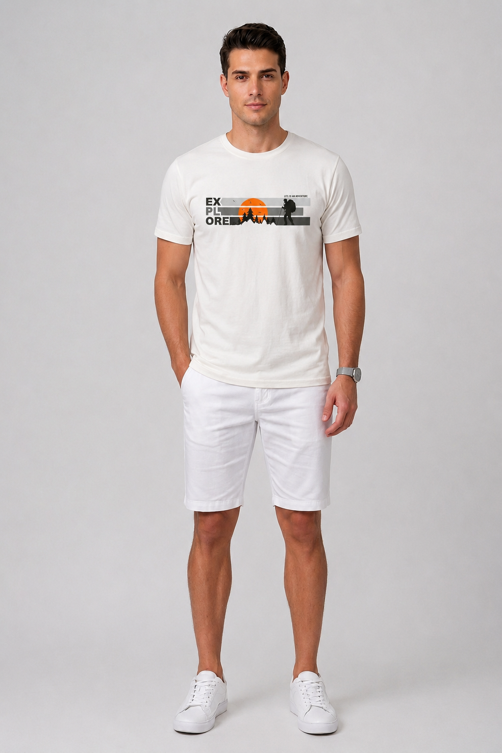 Attire Hub Mens Pure Cotton White Explore Printed Round T-Shirt