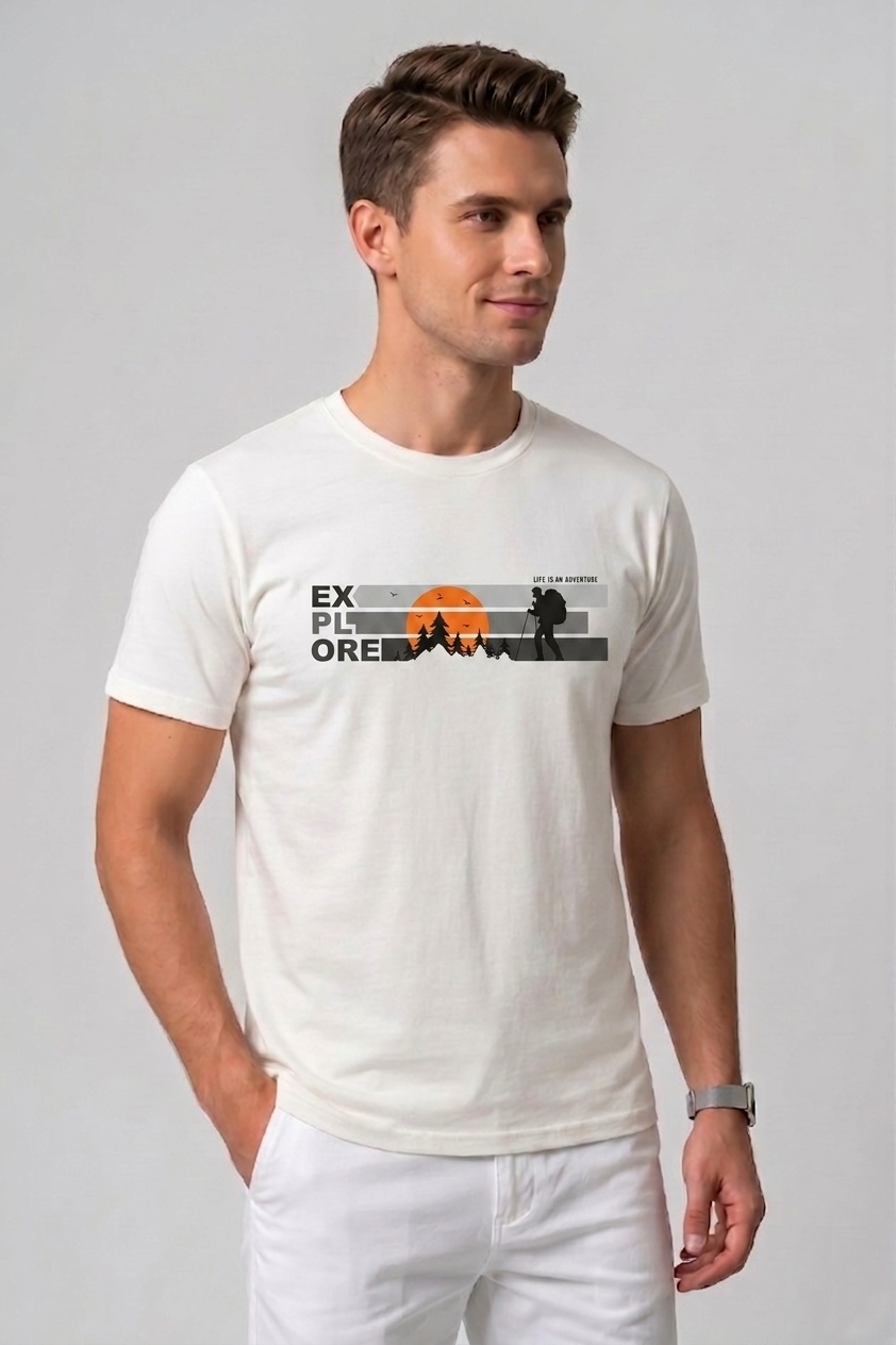 Attire Hub Mens Pure Cotton White Explore Printed Round T-Shirt