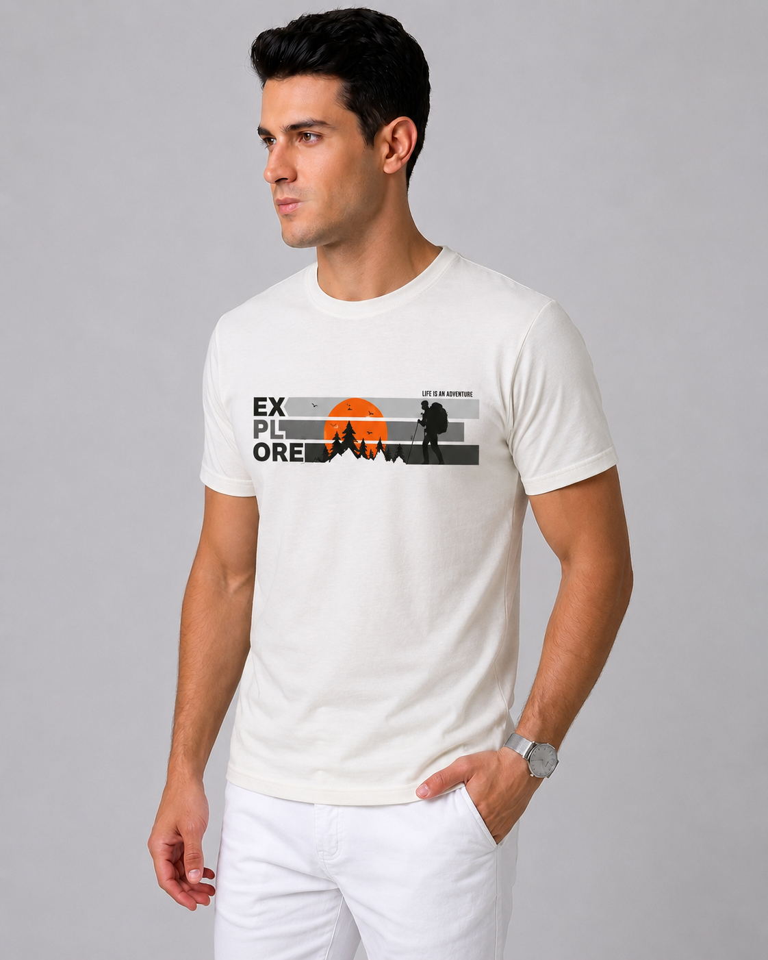 Attire Hub Mens Pure Cotton White Explore Printed Round T-Shirt