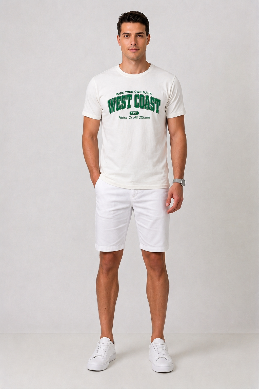 Attire Hub Mens Pure Cotton White West Coast Printed Round T-Shirt