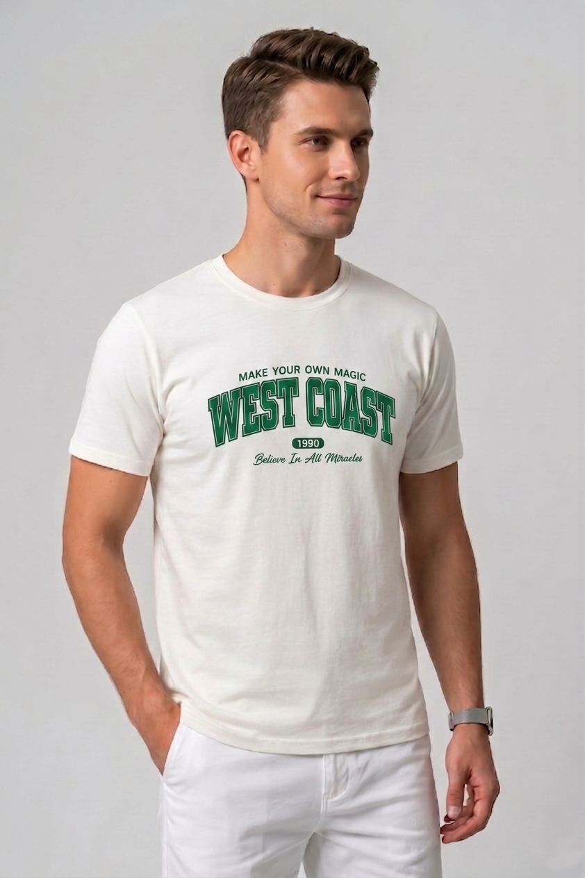 Attire Hub Mens Pure Cotton White West Coast Printed Round T-Shirt