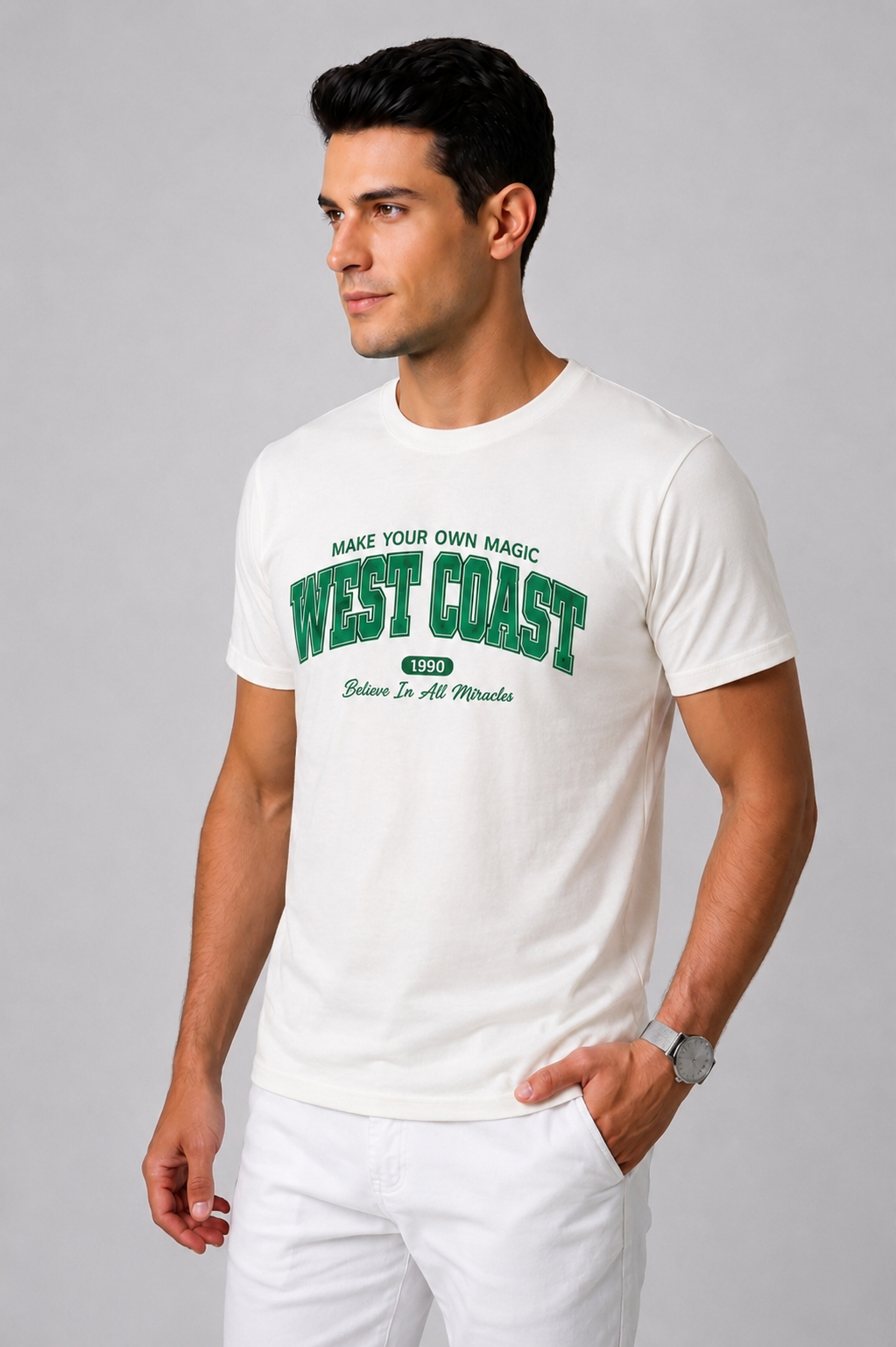 Attire Hub Mens Pure Cotton White West Coast Printed Round T-Shirt