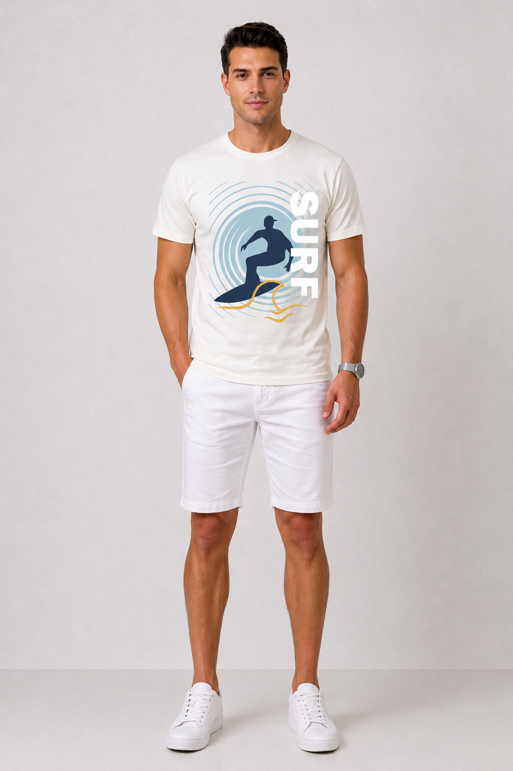 Attire Hub Mens Pure Cotton White Surf Printed Round T-Shirt