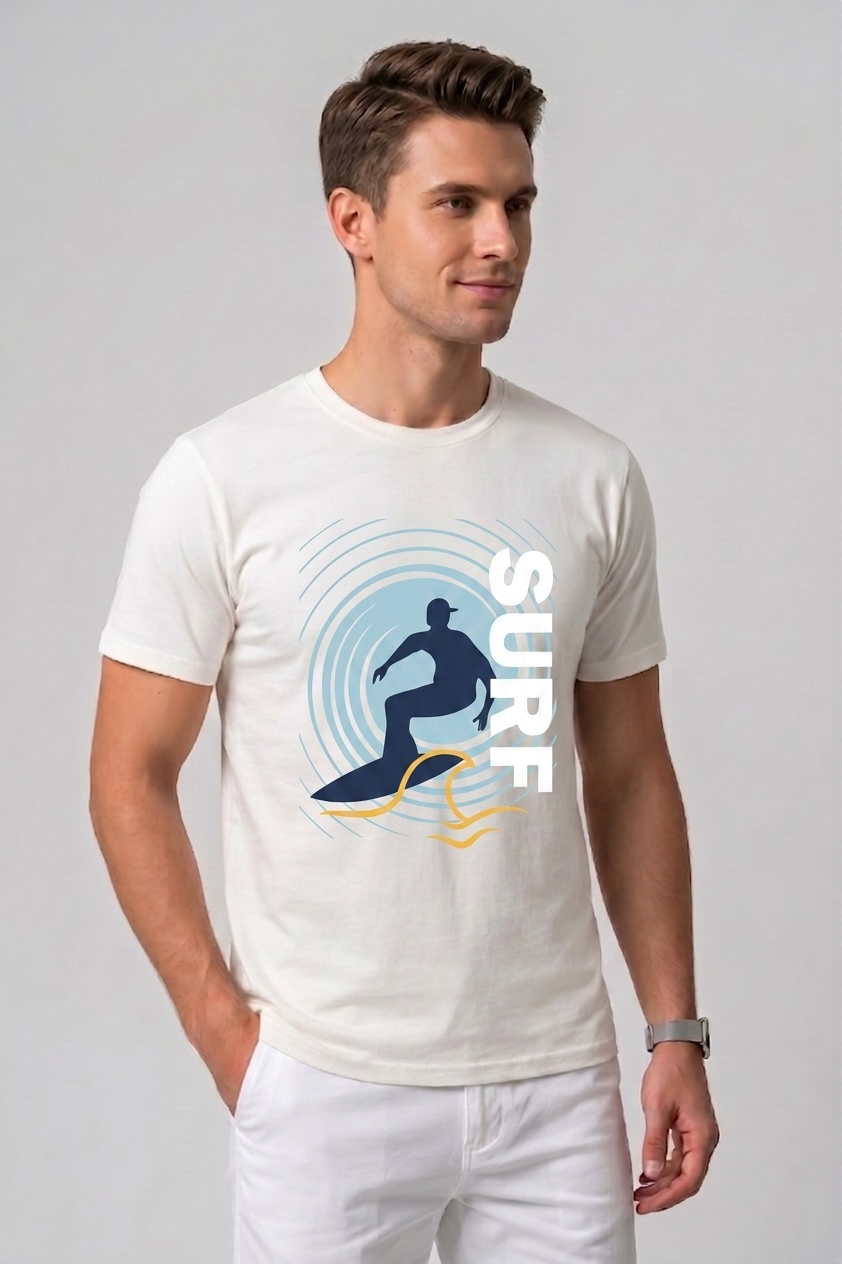 Attire Hub Mens Pure Cotton White Surf Printed Round T-Shirt