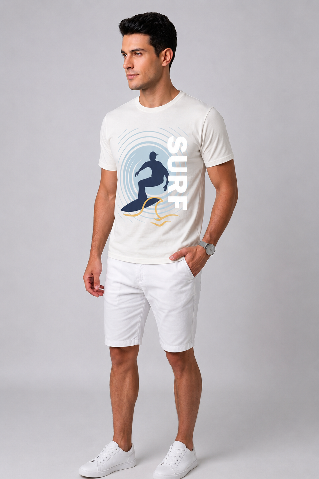 Attire Hub Mens Pure Cotton White Surf Printed Round T-Shirt