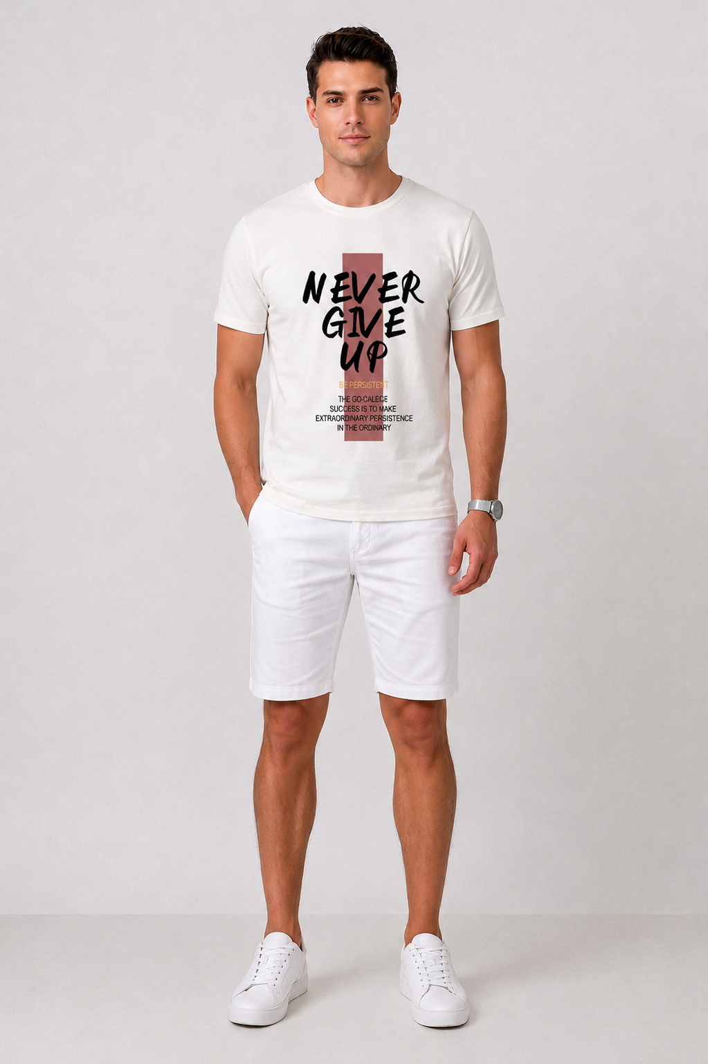 Attire Hub Mens Pure Cotton White Neva Give Up Printed Round T-Shirt