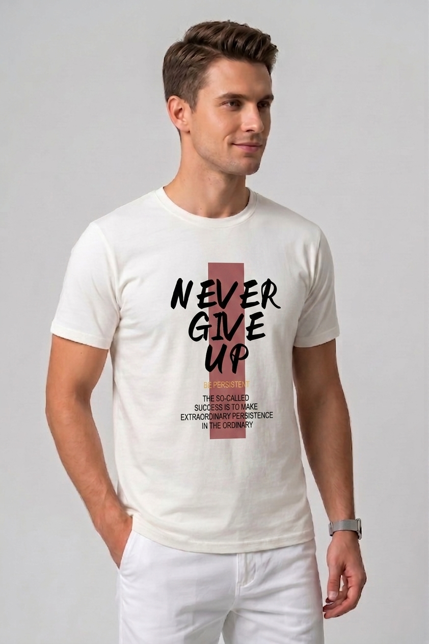 Attire Hub Mens Pure Cotton White Neva Give Up Printed Round T-Shirt
