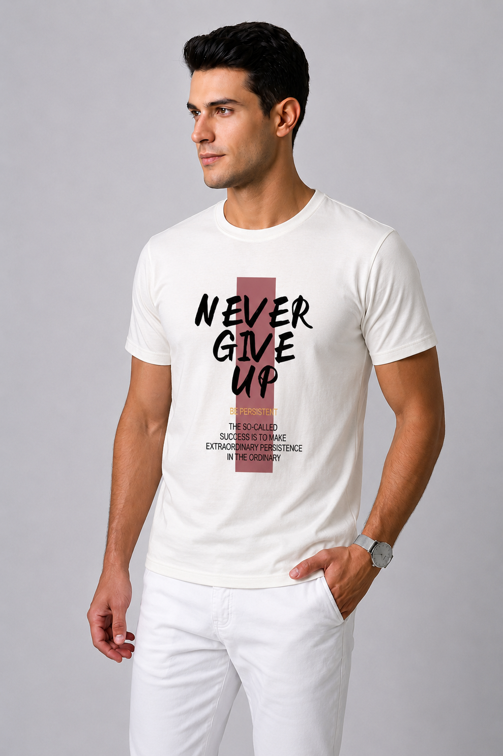 Attire Hub Mens Pure Cotton White Neva Give Up Printed Round T-Shirt