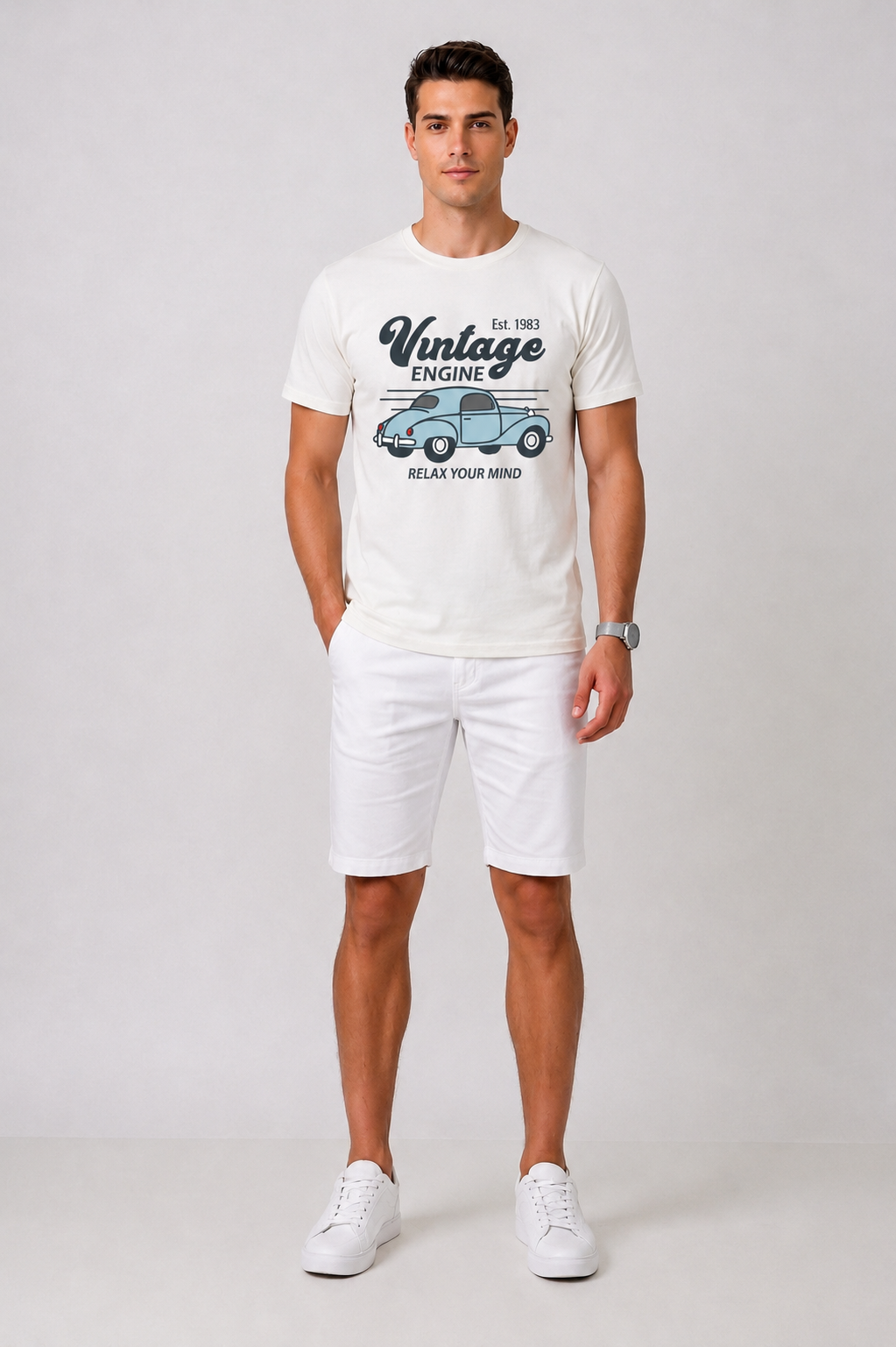 Attire Hub Mens Pure Cotton White Vintage Engine Printed Round T-Shirt