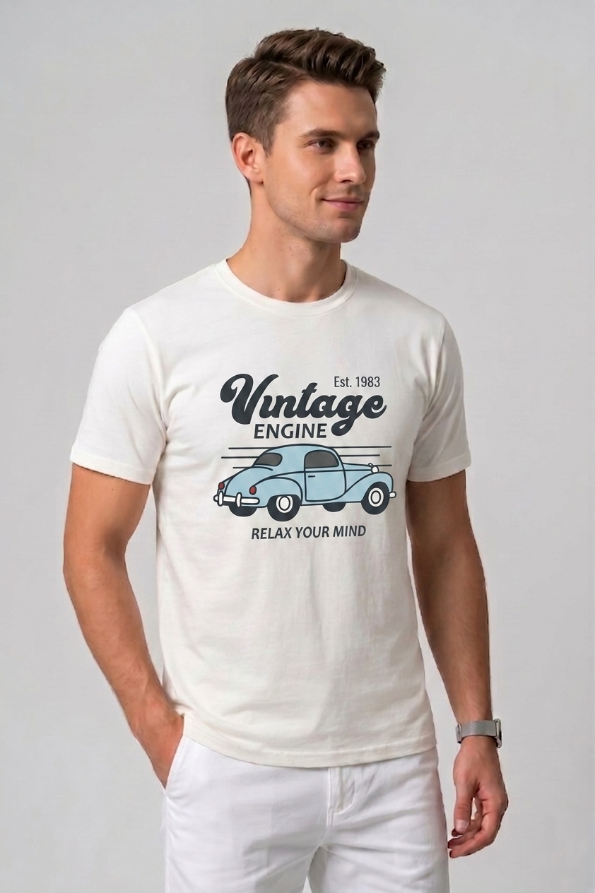 Attire Hub Mens Pure Cotton White Vintage Engine Printed Round T-Shirt