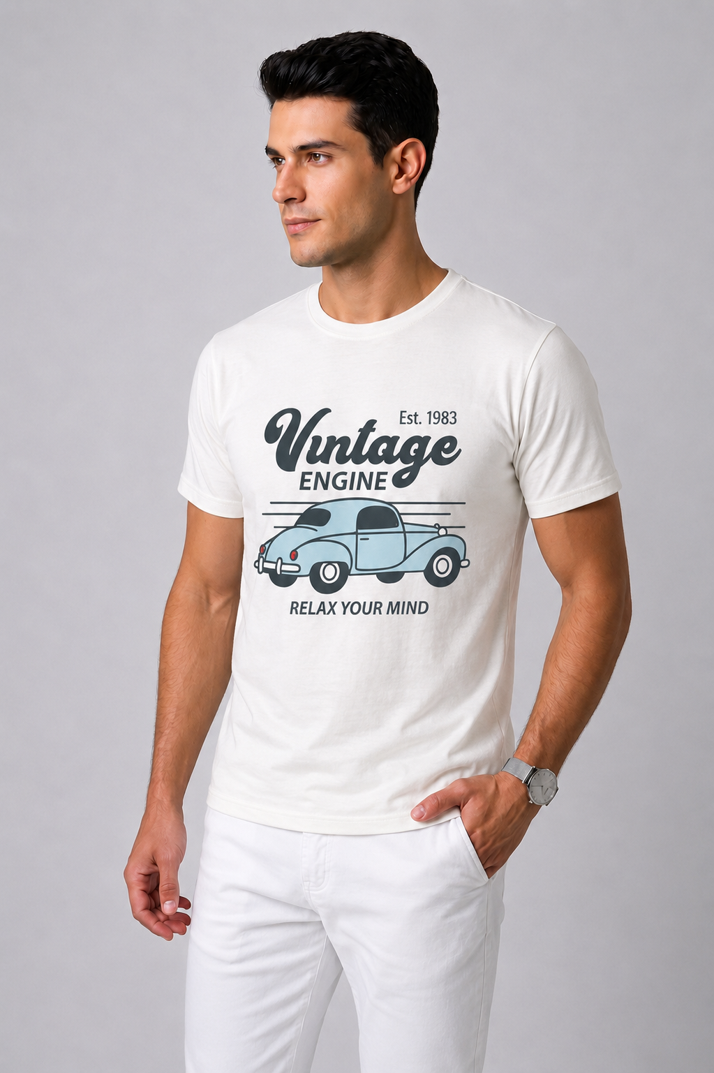 Attire Hub Mens Pure Cotton White Vintage Engine Printed Round T-Shirt
