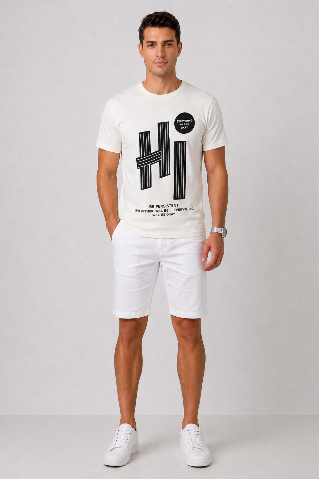 Attire Hub Mens Pure Cotton White Hi Printed Round T-Shirt