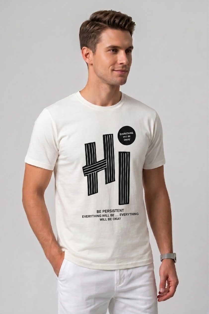 Attire Hub Mens Pure Cotton White Hi Printed Round T-Shirt