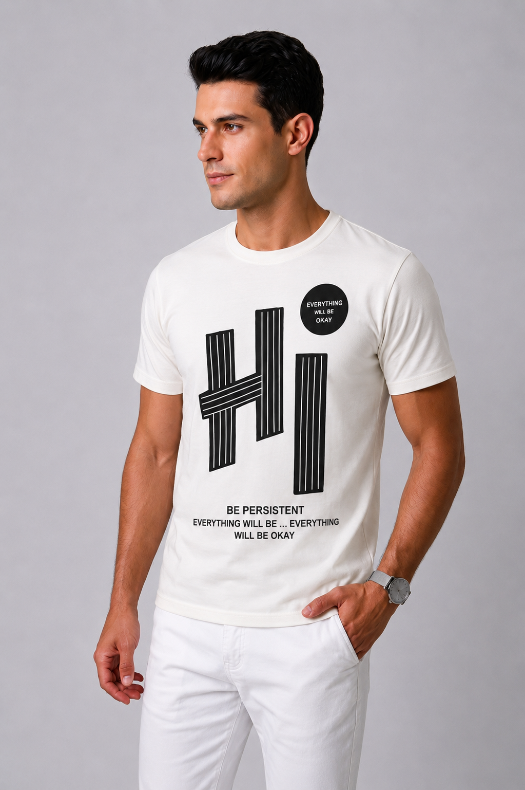 Attire Hub Mens Pure Cotton White Hi Printed Round T-Shirt