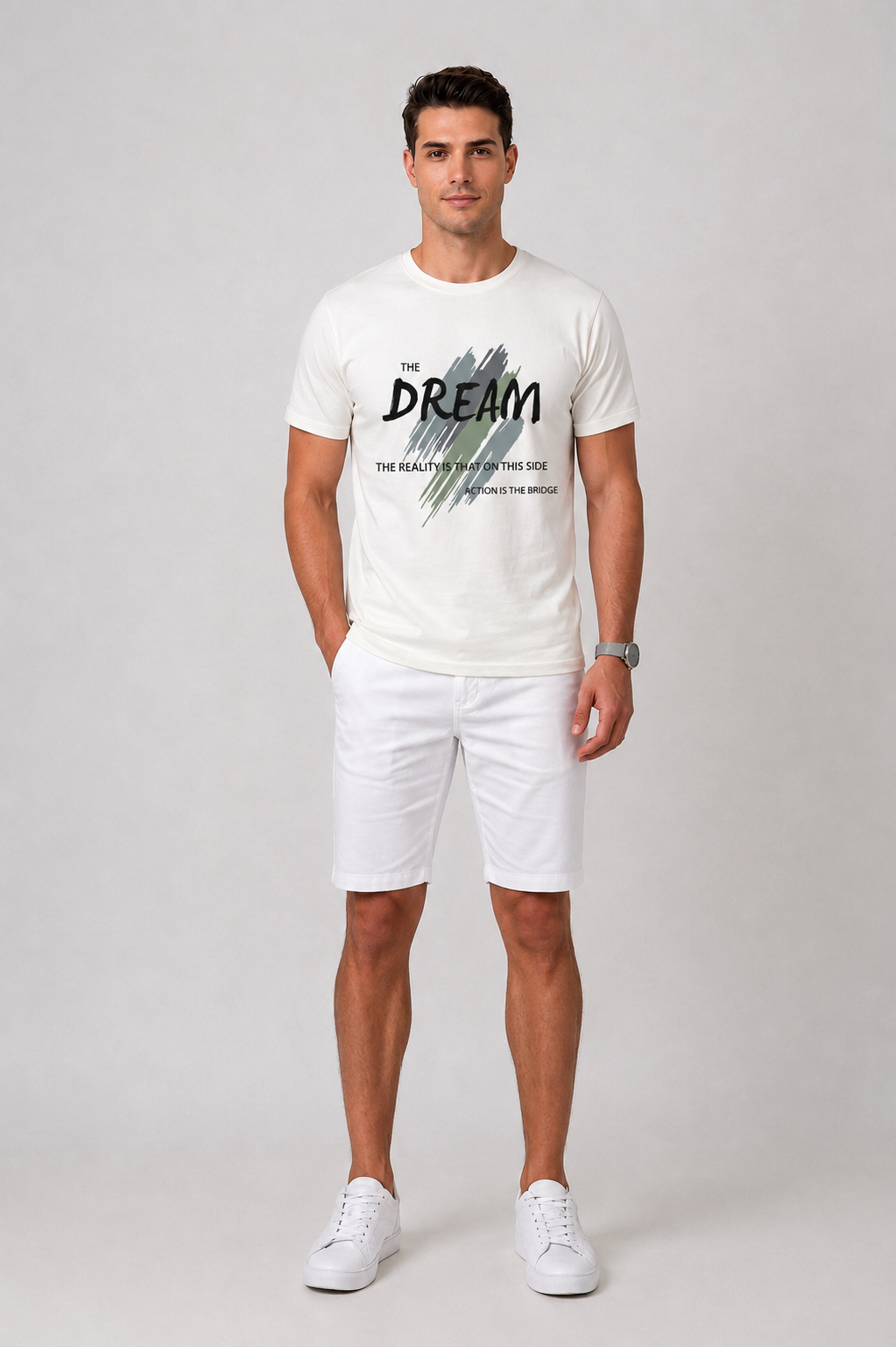 Attire Hub Mens Pure Cotton White The Dream Printed Round T-Shirt