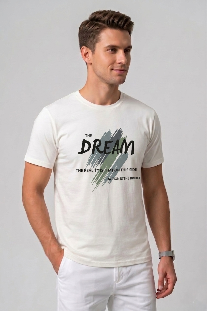 Attire Hub Mens Pure Cotton White The Dream Printed Round T-Shirt
