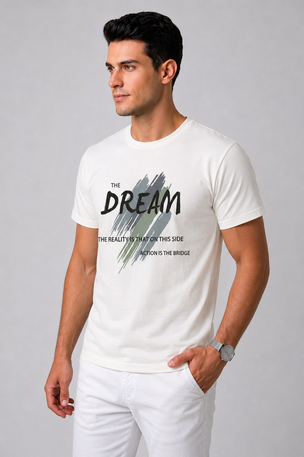 Attire Hub Mens Pure Cotton White The Dream Printed Round T-Shirt