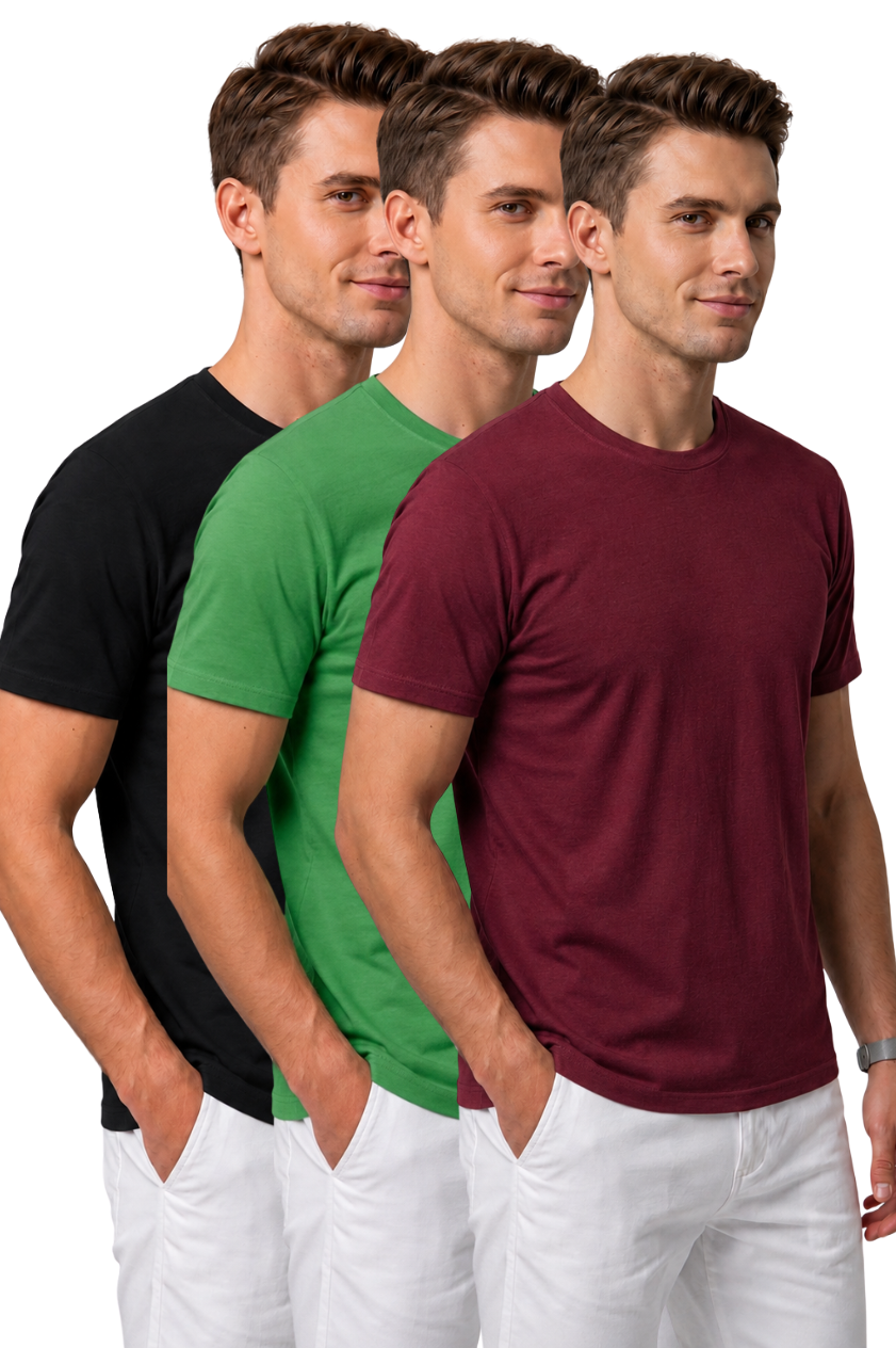 Attire Hub Mens Pure Cotton Multi Pack Solid Round T-Shirt (Pack of 3)