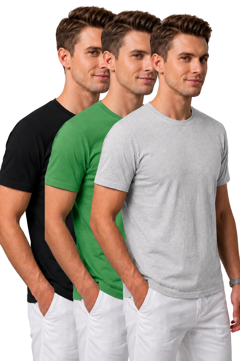 Attire Hub Mens Pure Cotton Multi Pack Solid Round T-Shirt (Pack of 3)