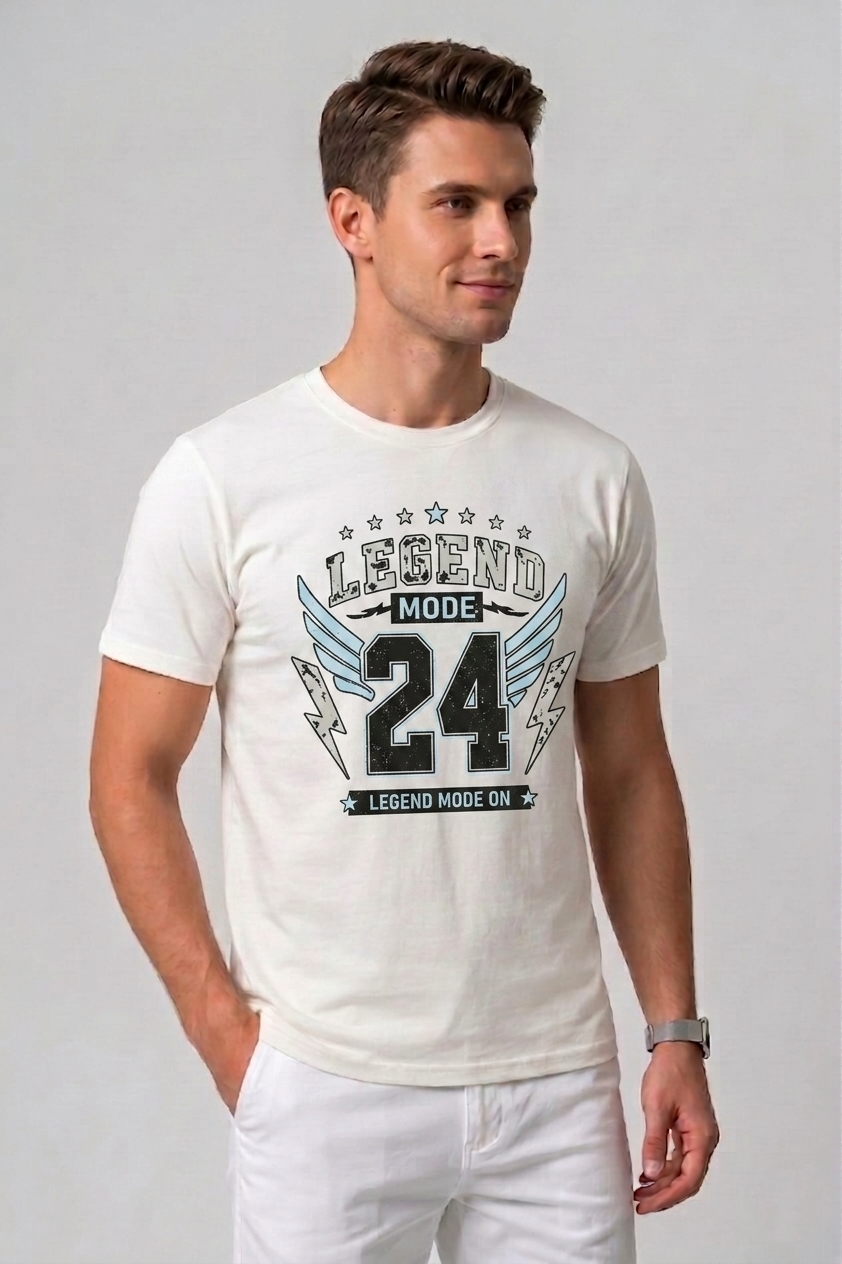 Attire Hub Mens Pure Cotton White Legend Mode Printed Round T-Shirt